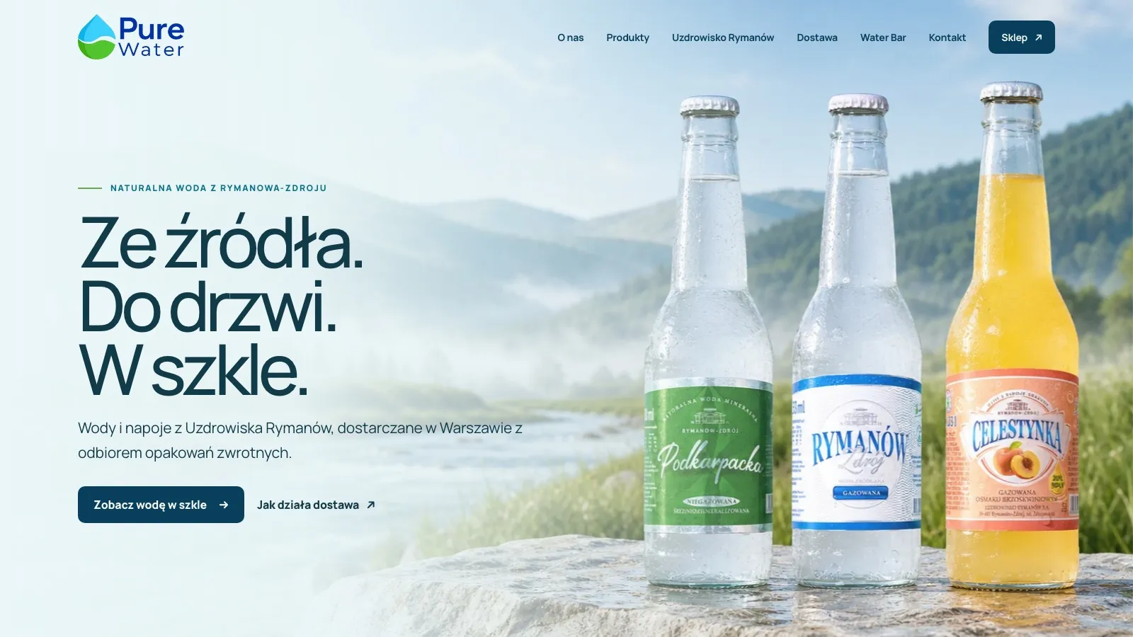 Pure Water commerce website with premium glass water bottles