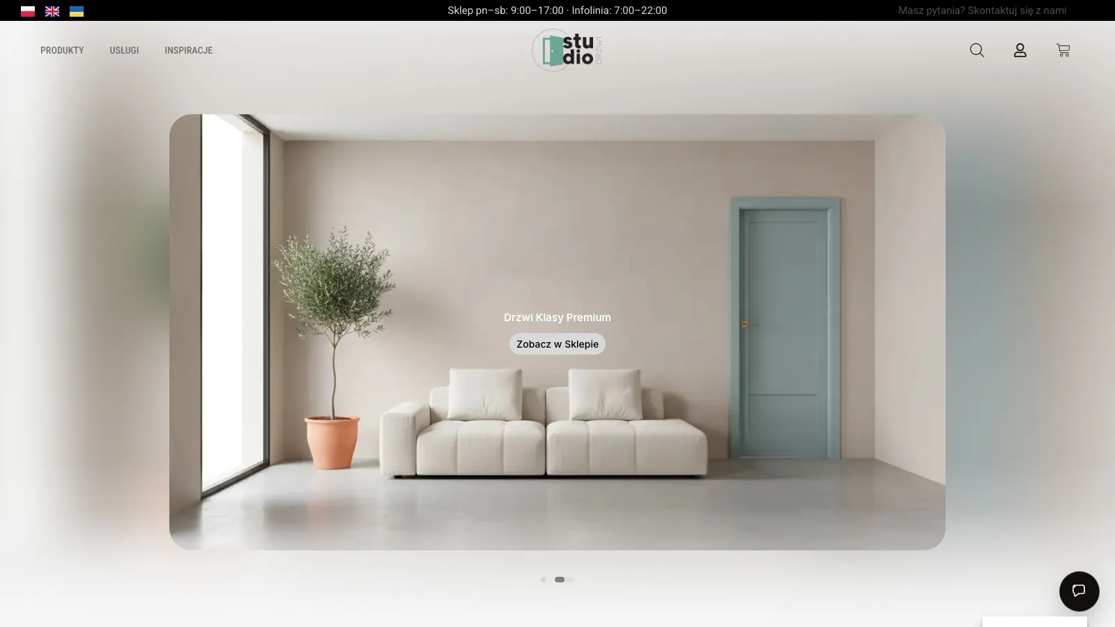 Studio Drzwi website with an architectural interior and door configurator